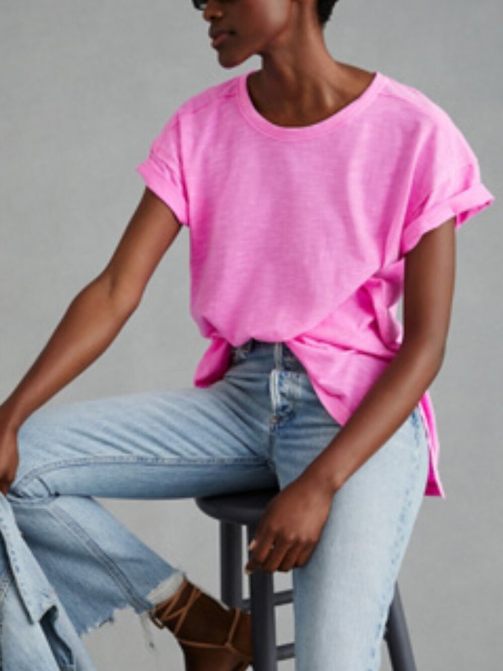 Anthropologie Jordyn Cotton-Slub Crew-Neck Oversized Tee by Pilcro, Pink, XS